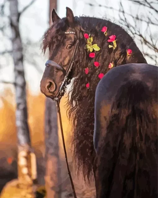 Black Horse With Roses Diamond Painting