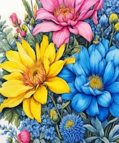 Blue Pink And Yellow Flowers Diamond Painting