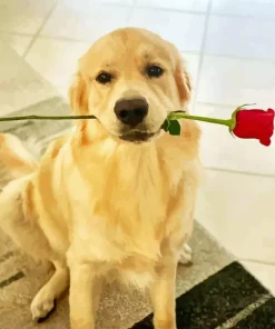 Dog Holding A Red Rose Diamond Painting