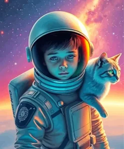 Cat And Boy In Space Diamond Painting