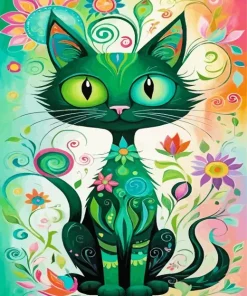 Whimsical Green Cat Diamond Painting