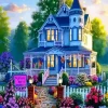 Blue House And Flowers Diamond Painting