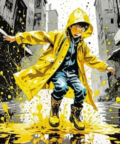 Boy Jumping In Puddle Art Diamond Painting