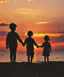 Boys And Girl Silhouette Sunset Diamond Painting