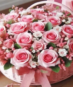 Pink Flowers Bouquet Basket Diamond Painting