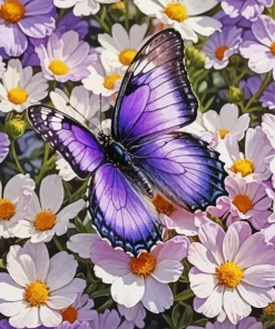Purple Butterfly And Flowers Diamond Painting
