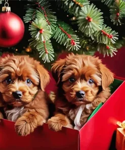 Christmas Brown Puppies Diamond Painting