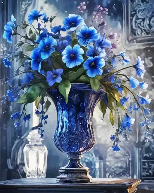 blue flowers in blue vase Diamond With Numbers Blue Flowers In Blue Vase Diamond Painting
