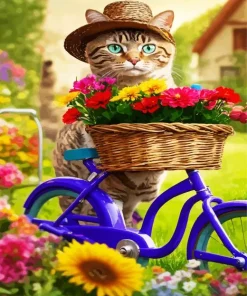 Cat Flowers And Bike Diamond Painting