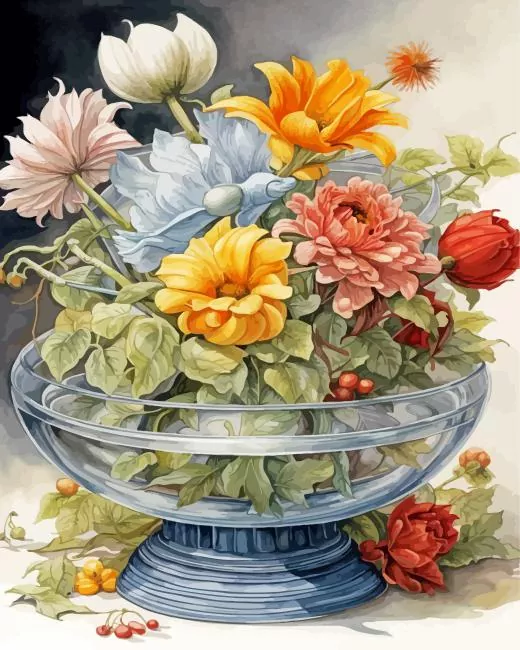 flowers in glass bowl Diamond With Numbers Flowers In Glass Bowl Diamond Painting