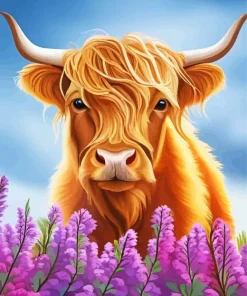 Fluffy Baby Brown Cow And Purple Flowers Diamond Painting