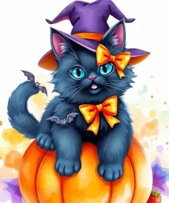 Fluffy Black Cat And Pumpkin Diamond Painting