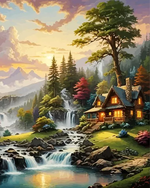 forest log cabin art Diamond By Numbers Forest Log Cabin Art Diamond Painting