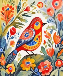 Red Folk Art Bird Diamond Painting