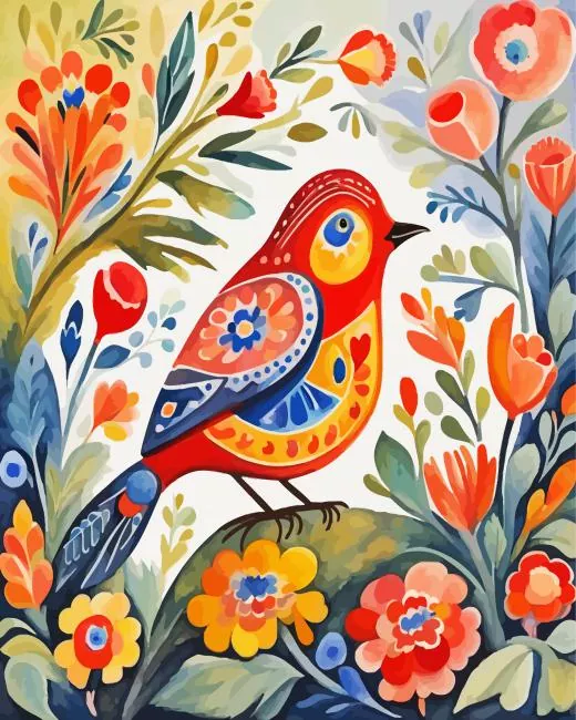 red folk art bird Diamond By Numbers Red Folk Art Bird Diamond Painting