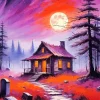Red Full Moon Forest Cabin Diamond Painting