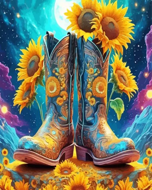 sunflowers cowboy boots Diamond With Numbers Sunflowers Cowboy Boots Diamond Painting