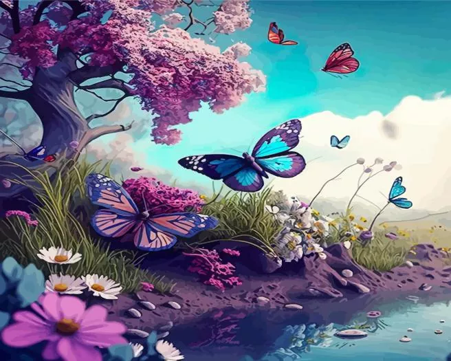 butterflies landscape Diamond By Numbers Butterflies Landscape Diamond Painting