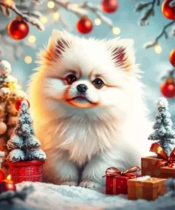 Christmas White Pomeranian Diamond Painting