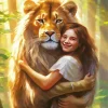 Young Girl Hugging Lion Diamond Painting