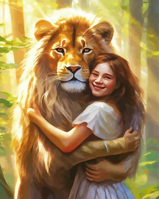 girl hugging lion Diamond By Numbers Young Girl Hugging Lion Diamond Painting