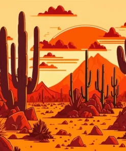 Illustration Cactus Desert At Sunrise Diamond Painting