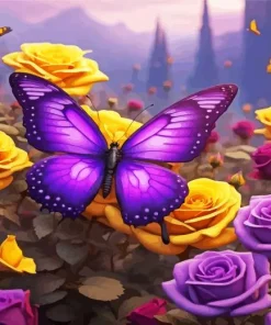 Purple Butterfly On Yellow Roses Diamond Painting