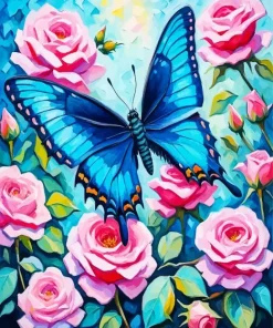 Butterfly On Pink Flowers Diamond Painting