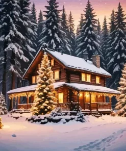 Cabin In Snow Woods Diamond Painting