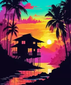 Cabin Silhouette At Sunset Diamond Painting