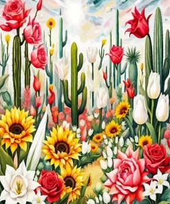 Cactus And Roses Diamond Painting