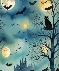 Black Cat And Bats Diamond Painting