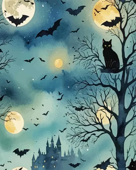 Black cat and bats Diamond Paintings Black Cat And Bats Diamond Painting