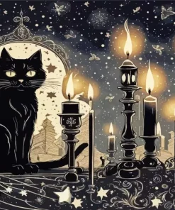 Black Cat And Candles Diamond Painting