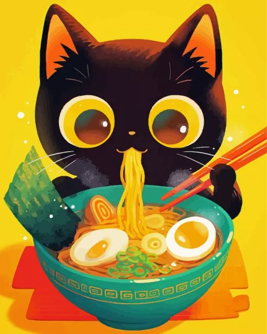 Black cat eating ramen Diamond Paintings Black Cat Eating Ramen Diamond Painting