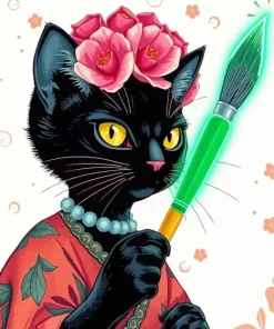 Black Cat Holding Paintbrush Diamond Painting