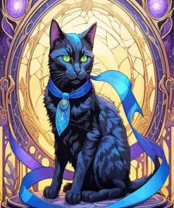 Black Cat With Blue Ribbon Diamond Painting