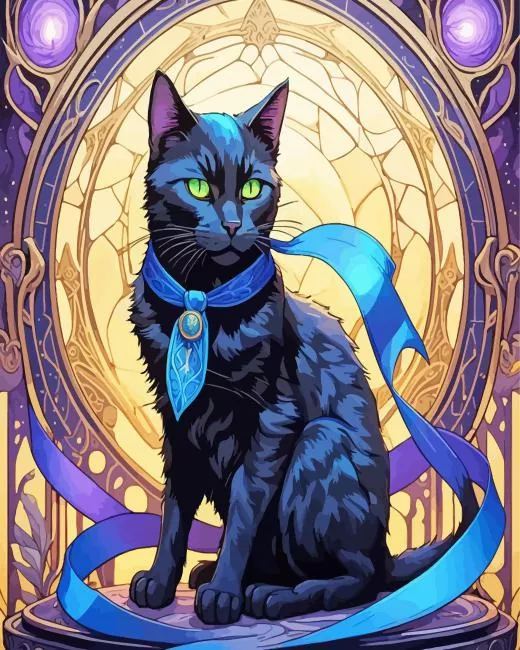 Black cat with blue ribbon Diamond With Numbers Black Cat With Blue Ribbon Diamond Painting