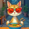 Cartoon Cat Eating Noodles Diamond Painting