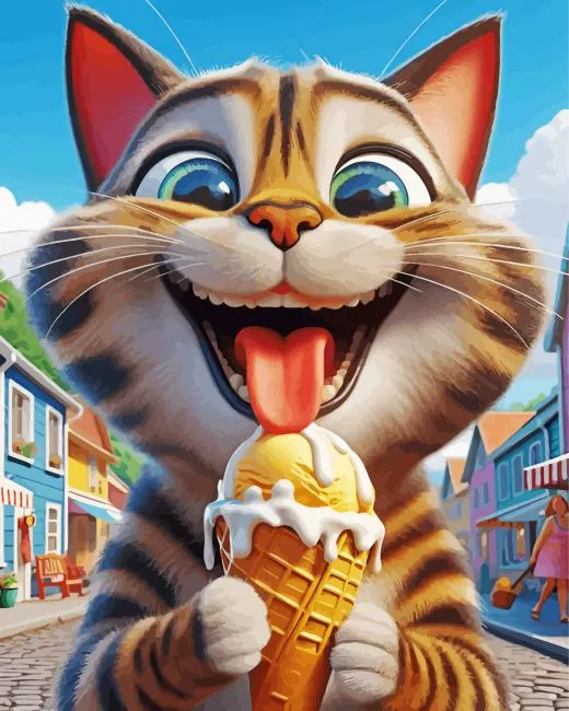 Cartoon cat licking ice cream Diamond By Numbers Cartoon Cat Licking Ice Cream Diamond Painting