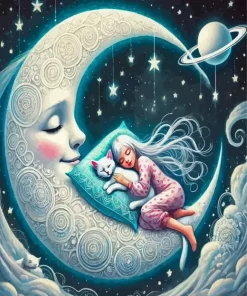 Cat And Girl Sleeping On The Moon Diamond Painting