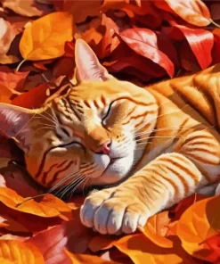 Cat Sleeping On Fall Leaves Diamond Painting