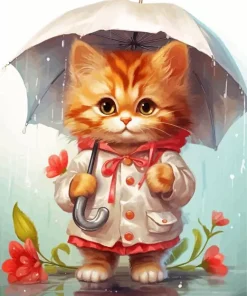 Cute Cat Under Umbrella Diamond Painting