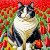 Fat Cat In Tulips Field Diamond Painting
