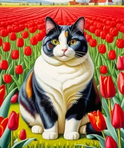 Fat Cat In Tulips Field Diamond Painting