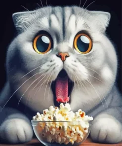 Grey Cat Eating Popcorn Diamond Painting