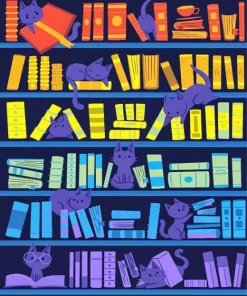 Illustration Bookcase Cats Diamond Painting
