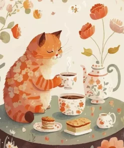 Cartoon Cat Drinking Coffee Diamond Painting