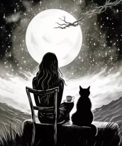 Cat And Girl Silhouette Diamond Painting
