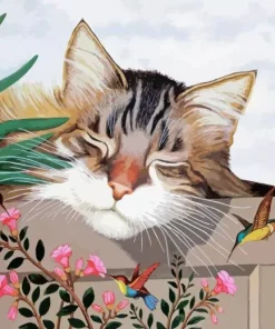 Cat And Hummingbirds Diamond Painting